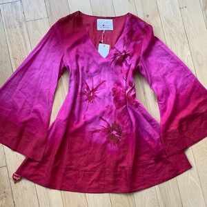 SIGAL Boho Pink Floral Linen Blend Bell Sleeve V-Neck Tunic Mini Dress - Small